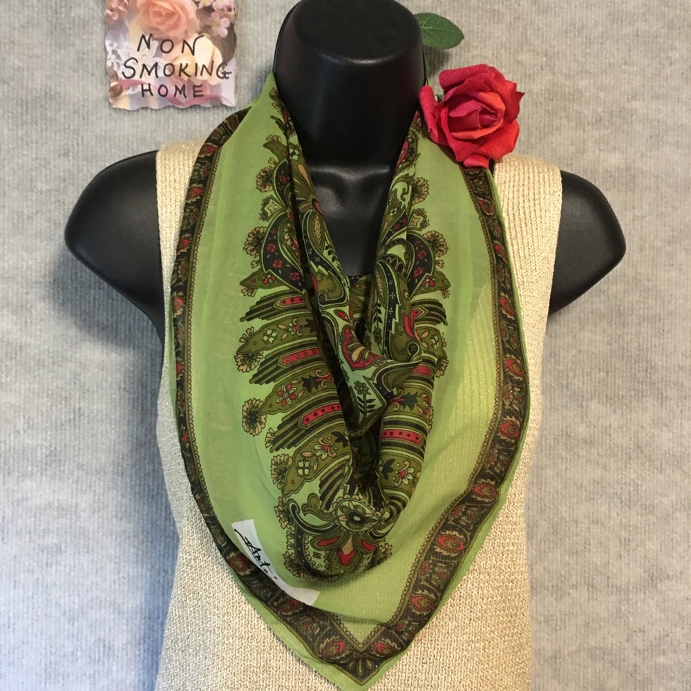 Scarf square signed Antoine green red tan black